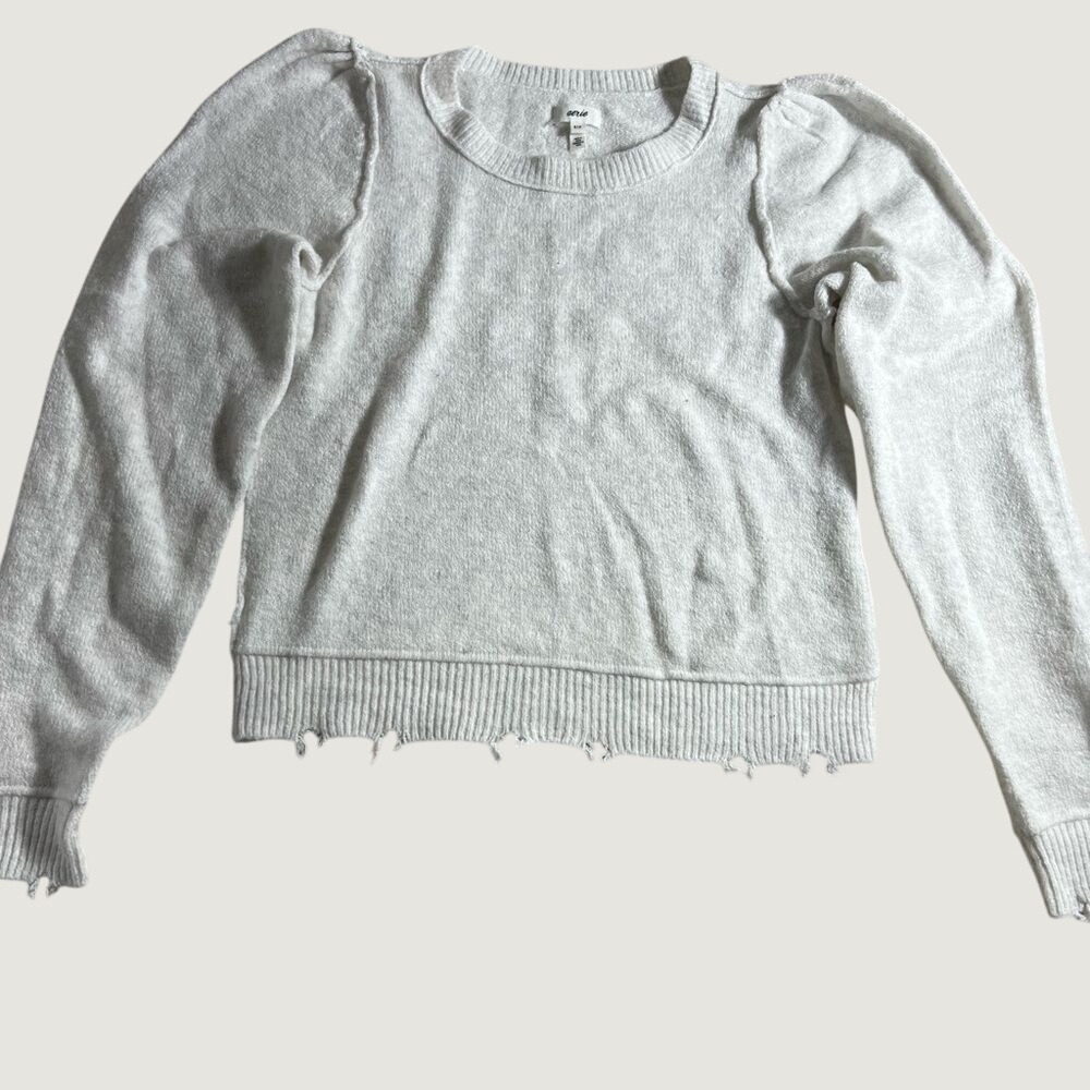 Aerie Womens Puff Sleeve Distressed Knit Sweater Cream grey Crew Neck Small S/P
